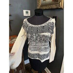 Rubbish Womens S Pullover Sweater Nubby Texture Knit Fringe Festival Blk, Cream